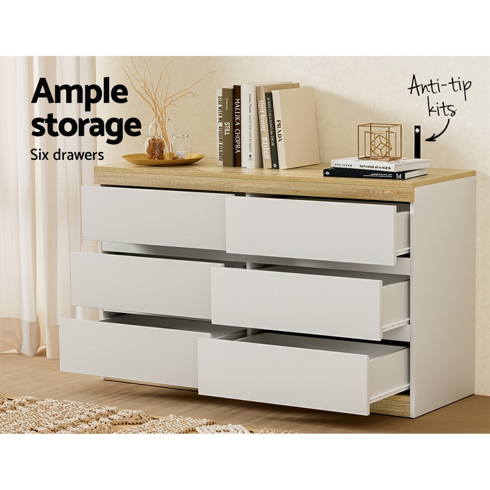 Lior 6 Drawer Lowboy – White & Oak – 110 cm
