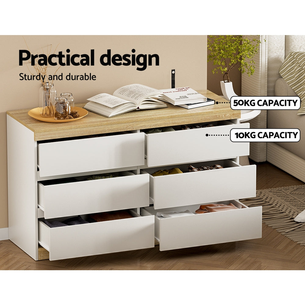 Lior 6 Drawer Lowboy – White & Oak – 110 cm