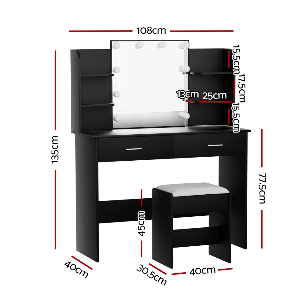 Dulcea LED Dressing Table with Stool – Black – Standard