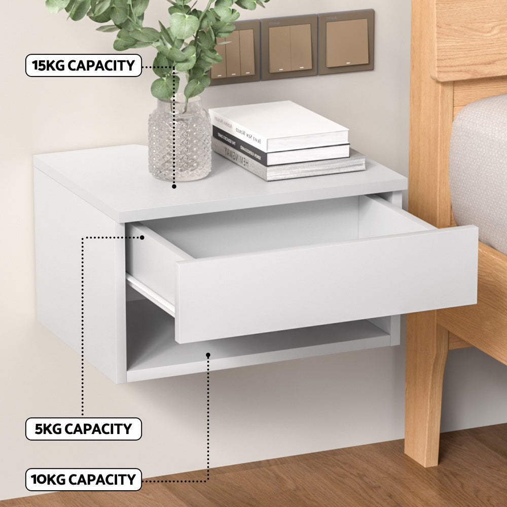 Zara Floating Bedside Table – White – Single Drawer