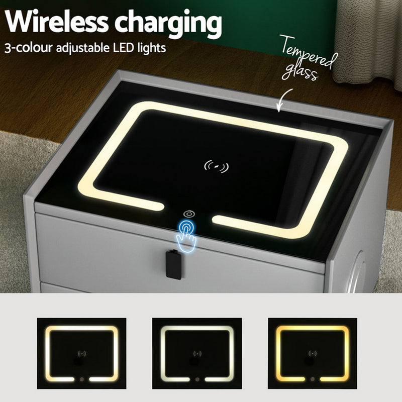 Smart Bedside Table with Wireless Charging – Grey