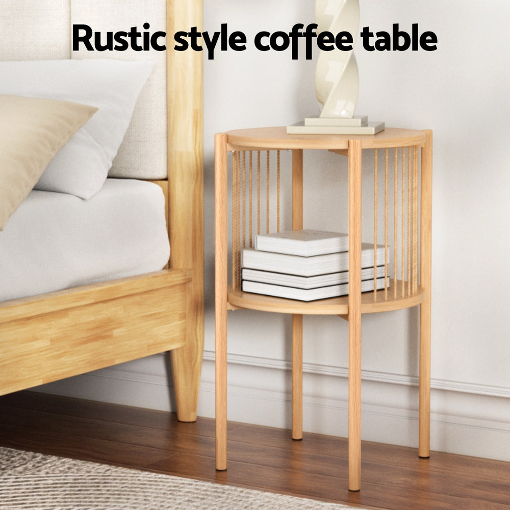 Rope Round Coffee Table Set – Brown / Wood – Set of 2