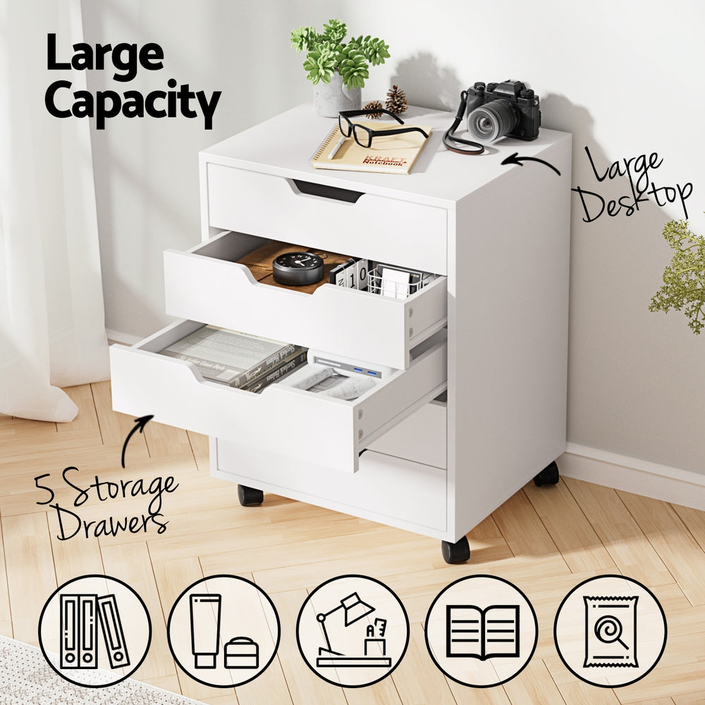 Rowan 5-Drawer Mobile Filing Cabinet – White – 49 cm