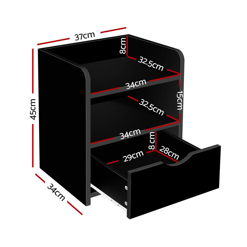 2 x Bedside Tables with Drawer & Shelf – Black