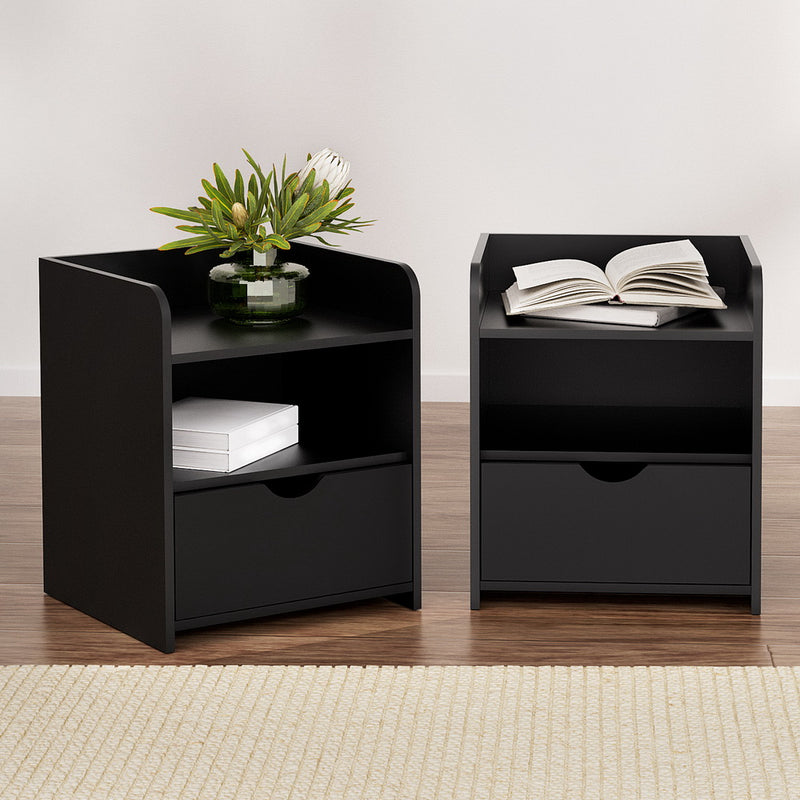 2 x Bedside Tables with Drawer & Shelf – Black