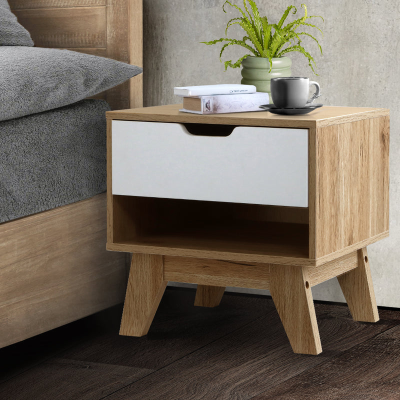 1 Drawer Bedside Table with Shelf - White & Oak