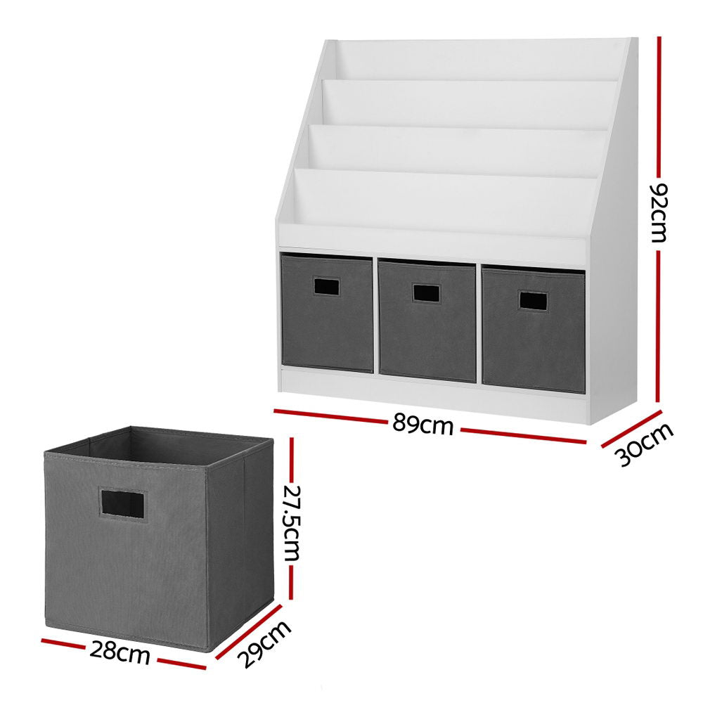 Hadley Kids Bookshelf with Storage Bins – White & Grey – 4 Tier