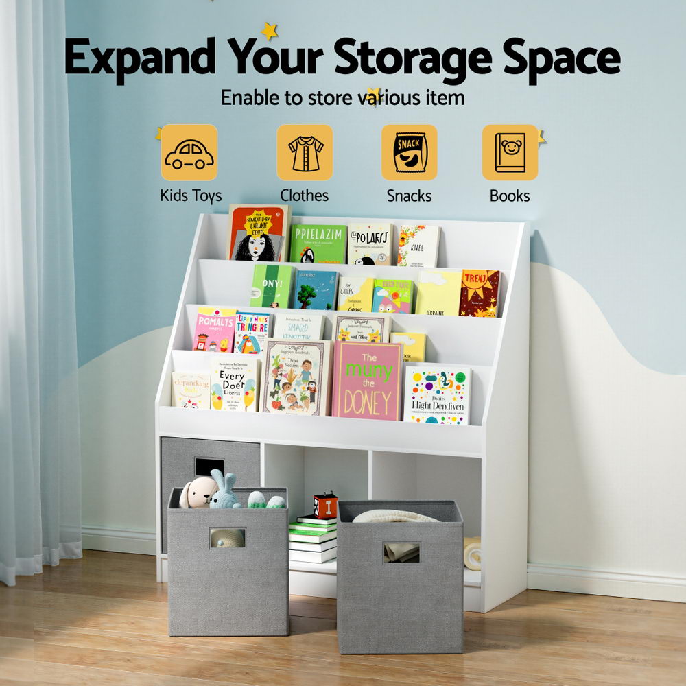 Hadley Kids Bookshelf with Storage Bins – White & Grey – 4 Tier