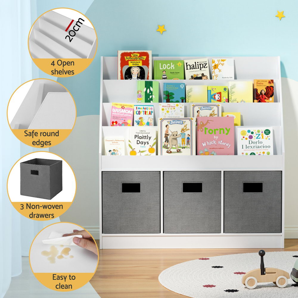Hadley Kids Bookshelf with Storage Bins – White & Grey – 4 Tier