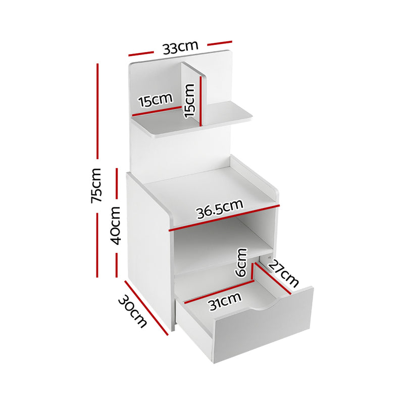 1 Drawer Bedside Table with Shelves - White