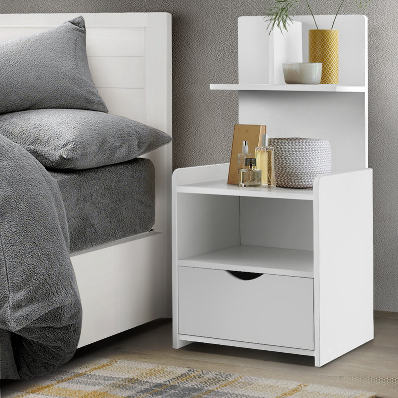 1 Drawer Bedside Table with Shelves - White