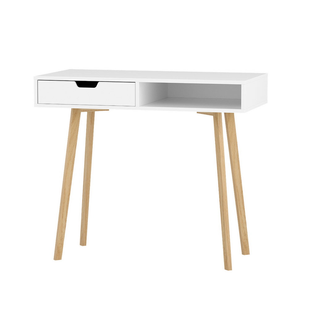 Nordic Computer Desk with Drawer & Shelf 90cm – White & Oak