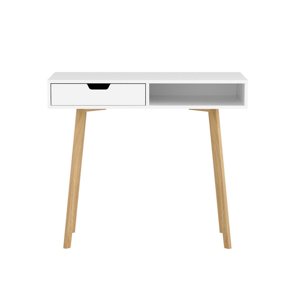 Nordic Computer Desk with Drawer & Shelf 90cm – White & Oak