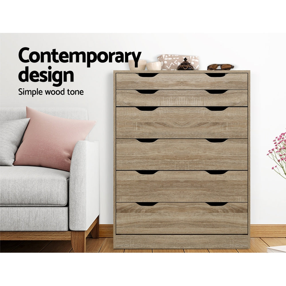 Alderon 6-Drawer Tallboy – Oak – 80 cm