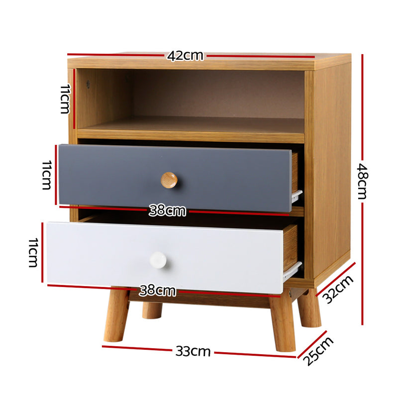 Bedside Table 2 Drawers with Shelf - Oak