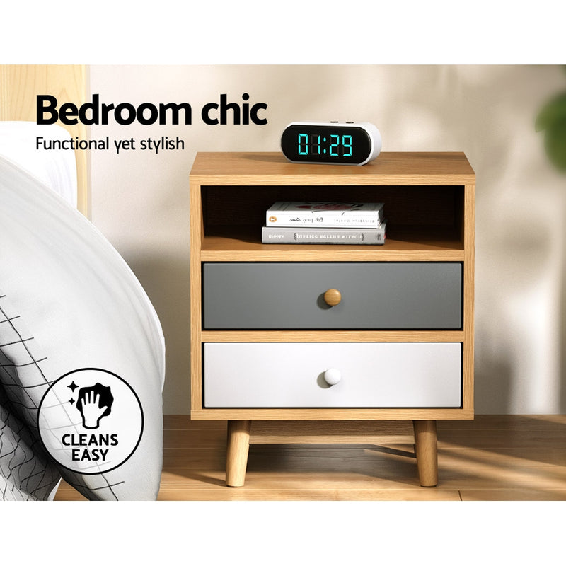 Bedside Table 2 Drawers with Shelf - Oak
