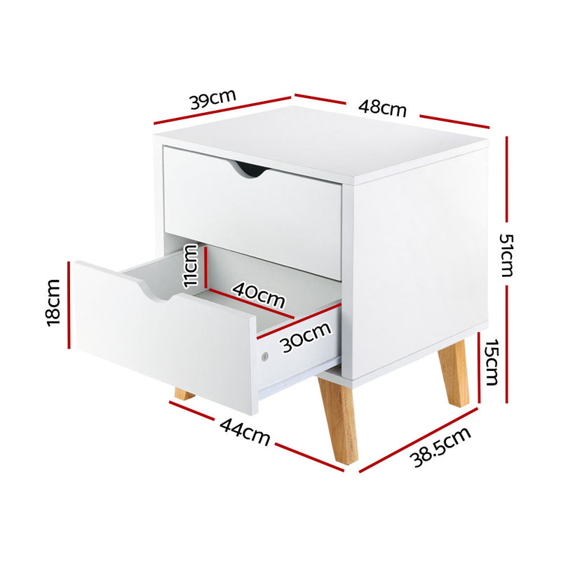 Bedside Table 2 Drawers - White