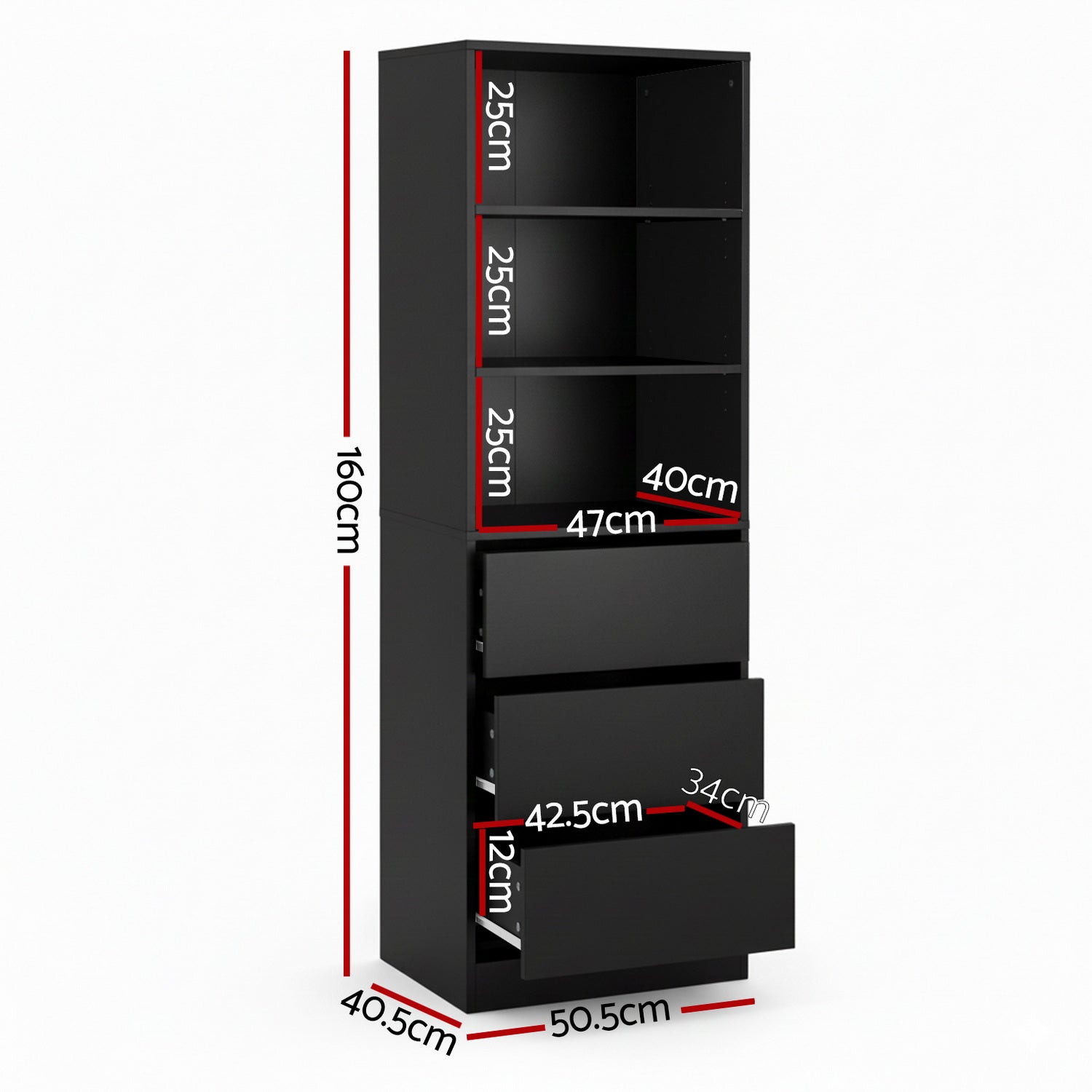 Arlo Tallboy with 3 Drawers and Shelves – Black – 160 cm