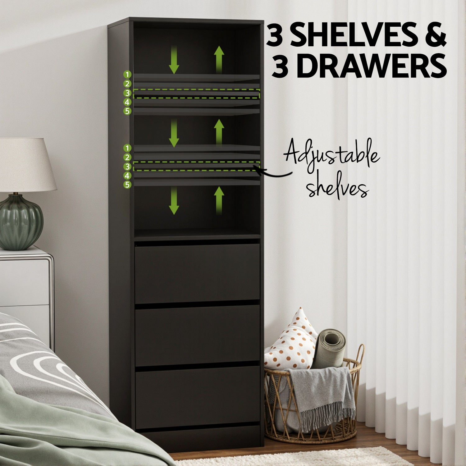 Arlo Tallboy with 3 Drawers and Shelves – Black – 160 cm
