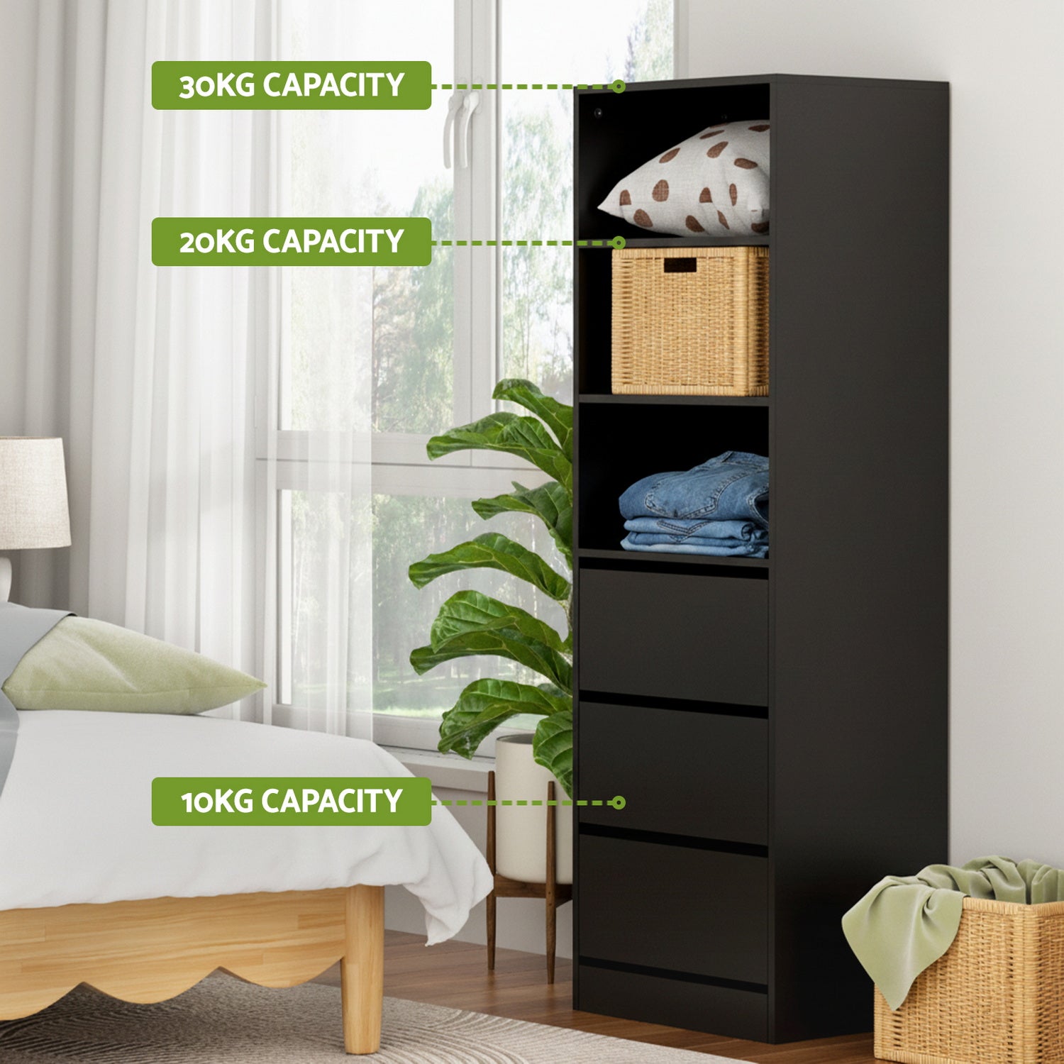 Arlo Tallboy with 3 Drawers and Shelves – Black – 160 cm