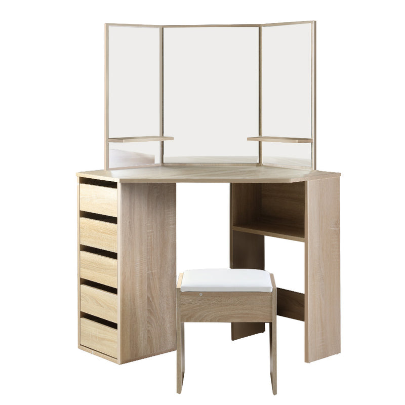 Corner Dressing Table Set – 5 Drawers, Oak with Stool