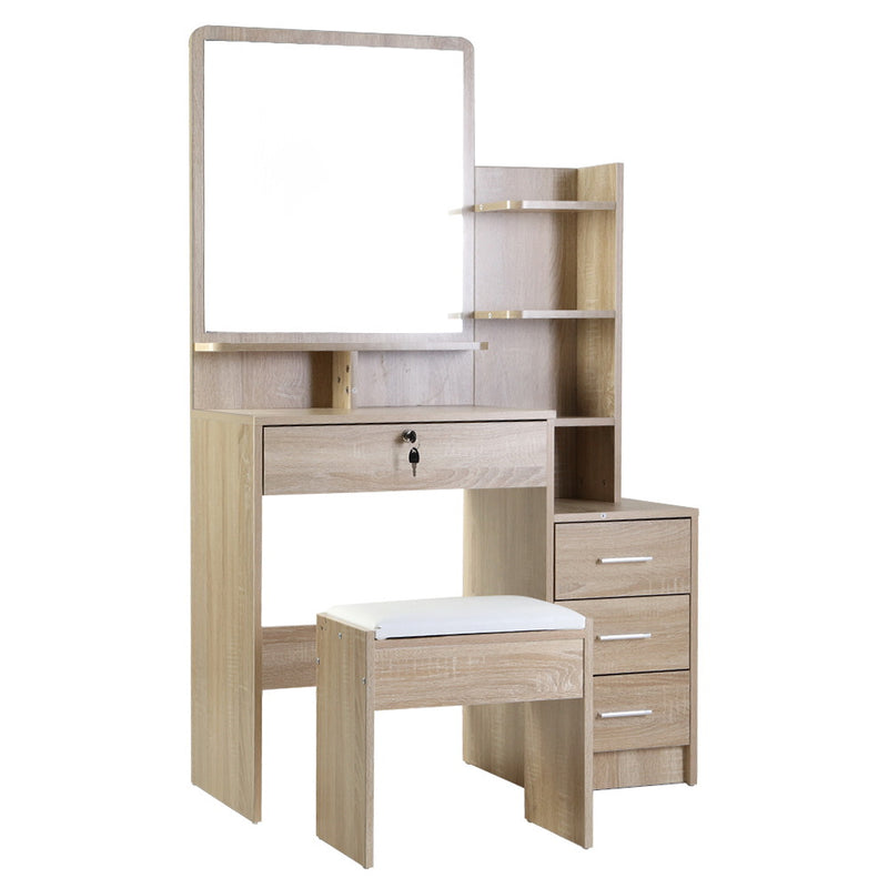 Dressing Table Set – 4 Drawers, Oak Finish with Stool