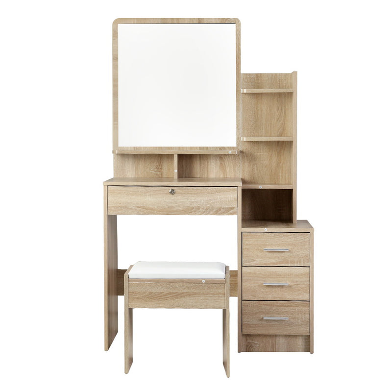 Dressing Table Set – 4 Drawers, Oak Finish with Stool