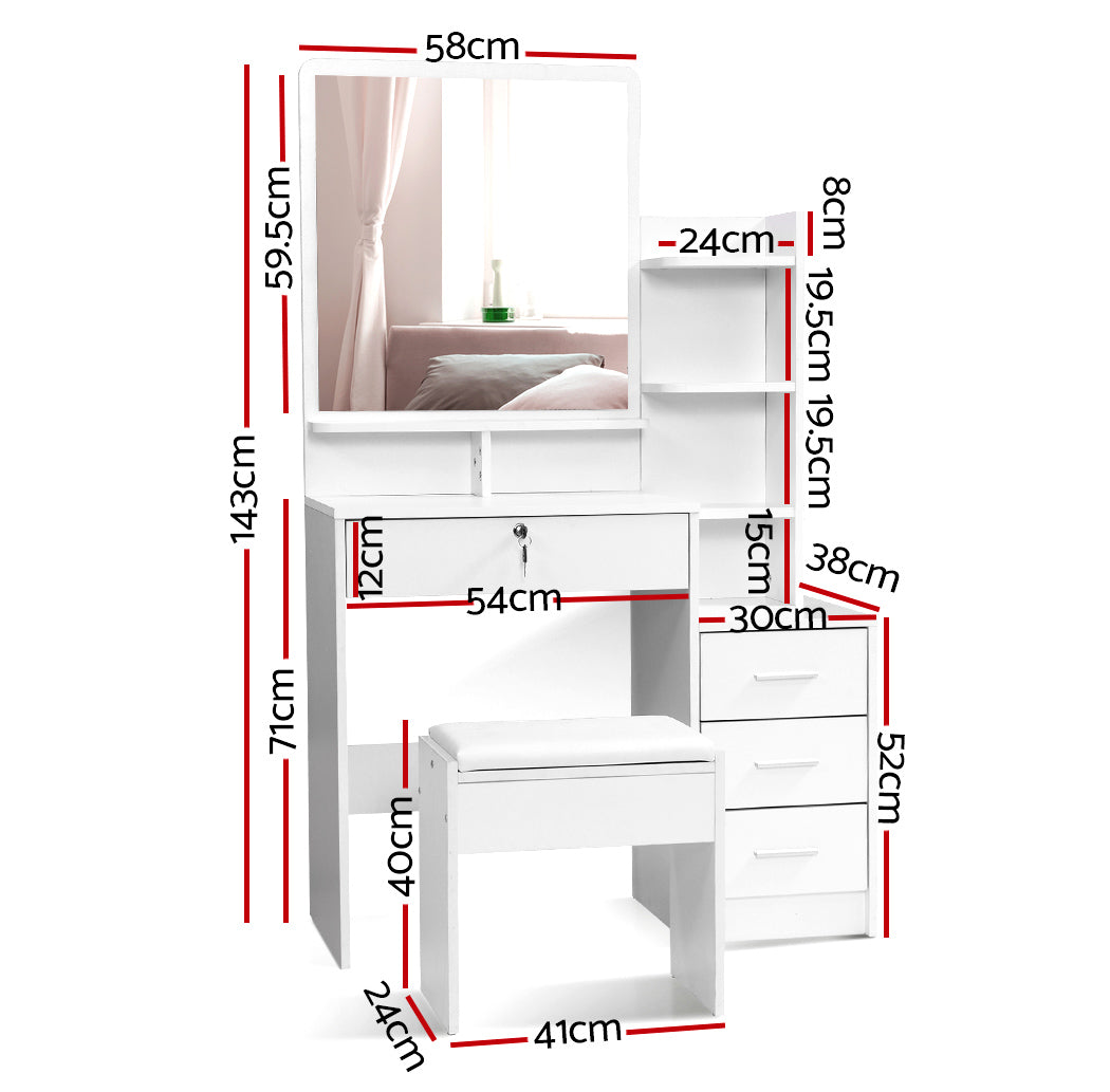 Selina Dressing Table & Stool Set – White – 4 Drawer