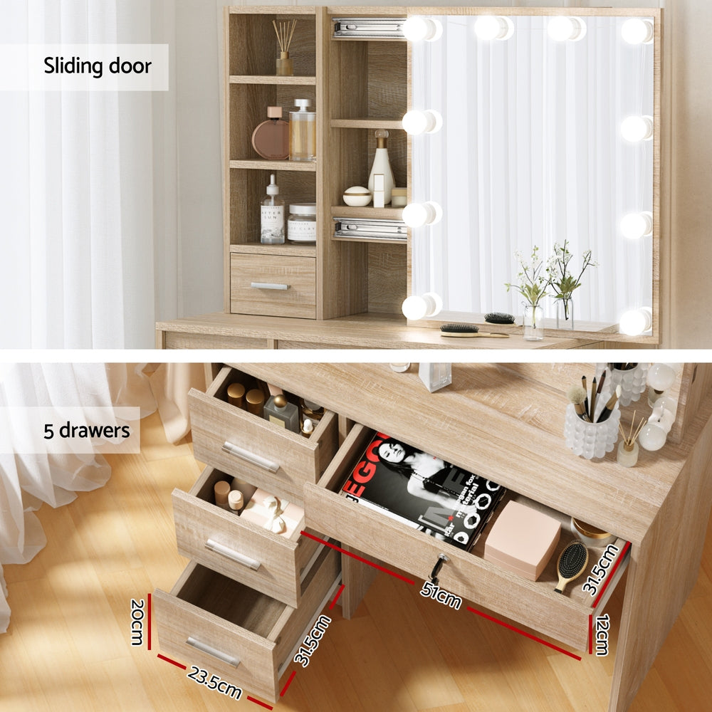 Celeste LED Dressing Table Set – Wood – 10 LED Bulbs