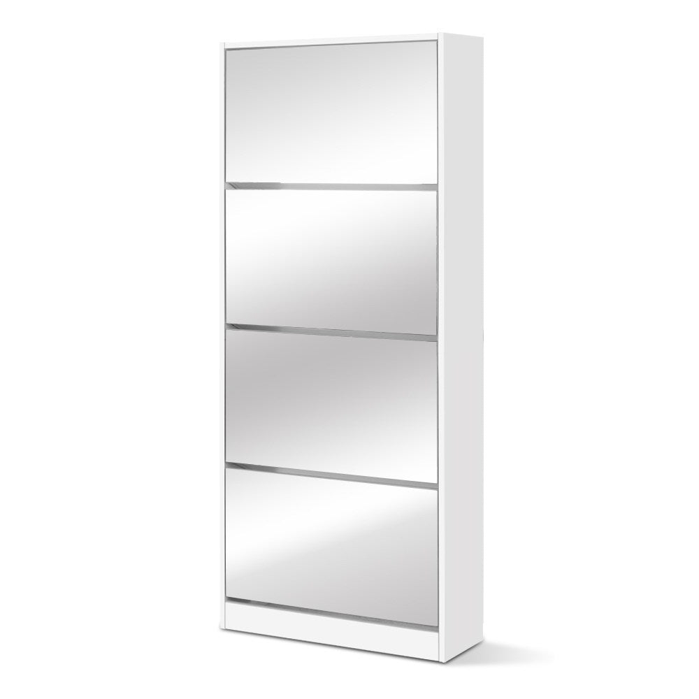 Lexington Mirror Shoe Storage Cabinet – White – 4 Compartment