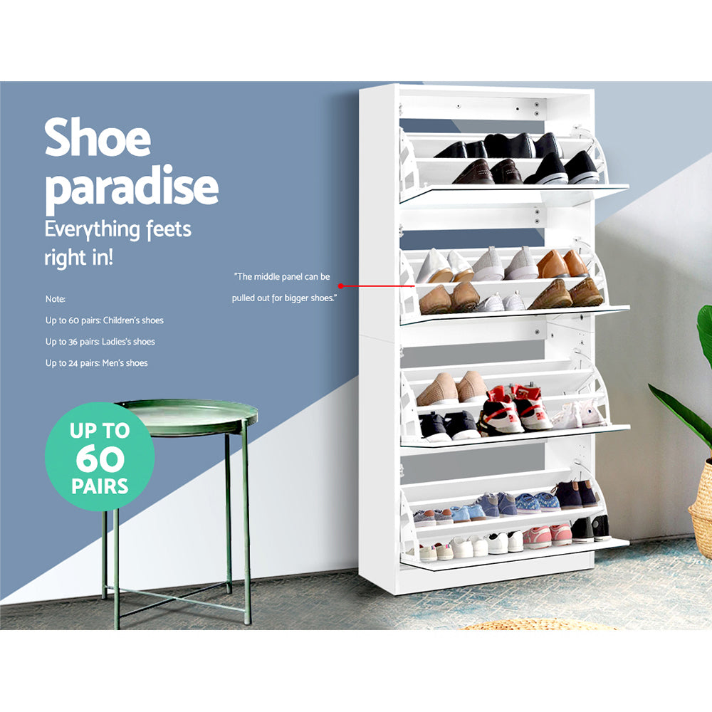 Lexington Mirror Shoe Storage Cabinet – White – 4 Compartment