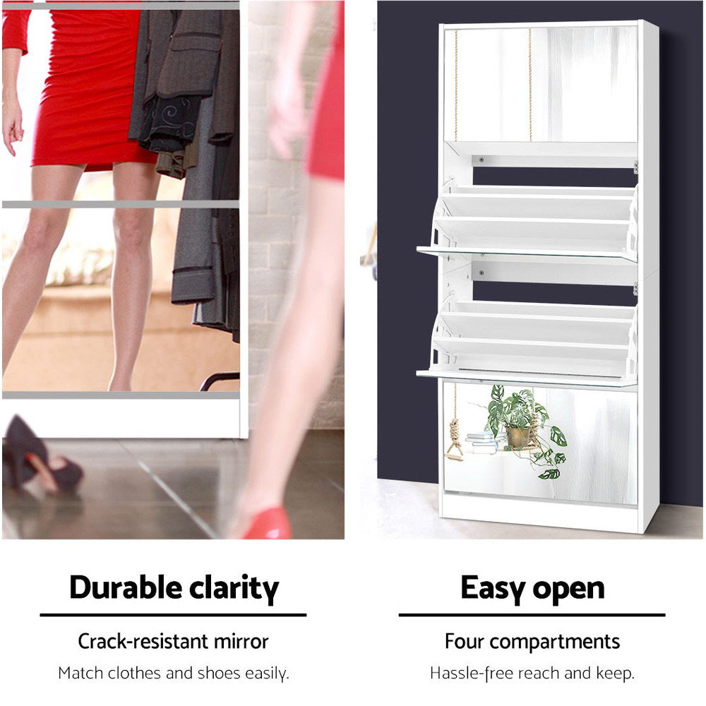 Lexington Mirror Shoe Storage Cabinet – White – 4 Compartment