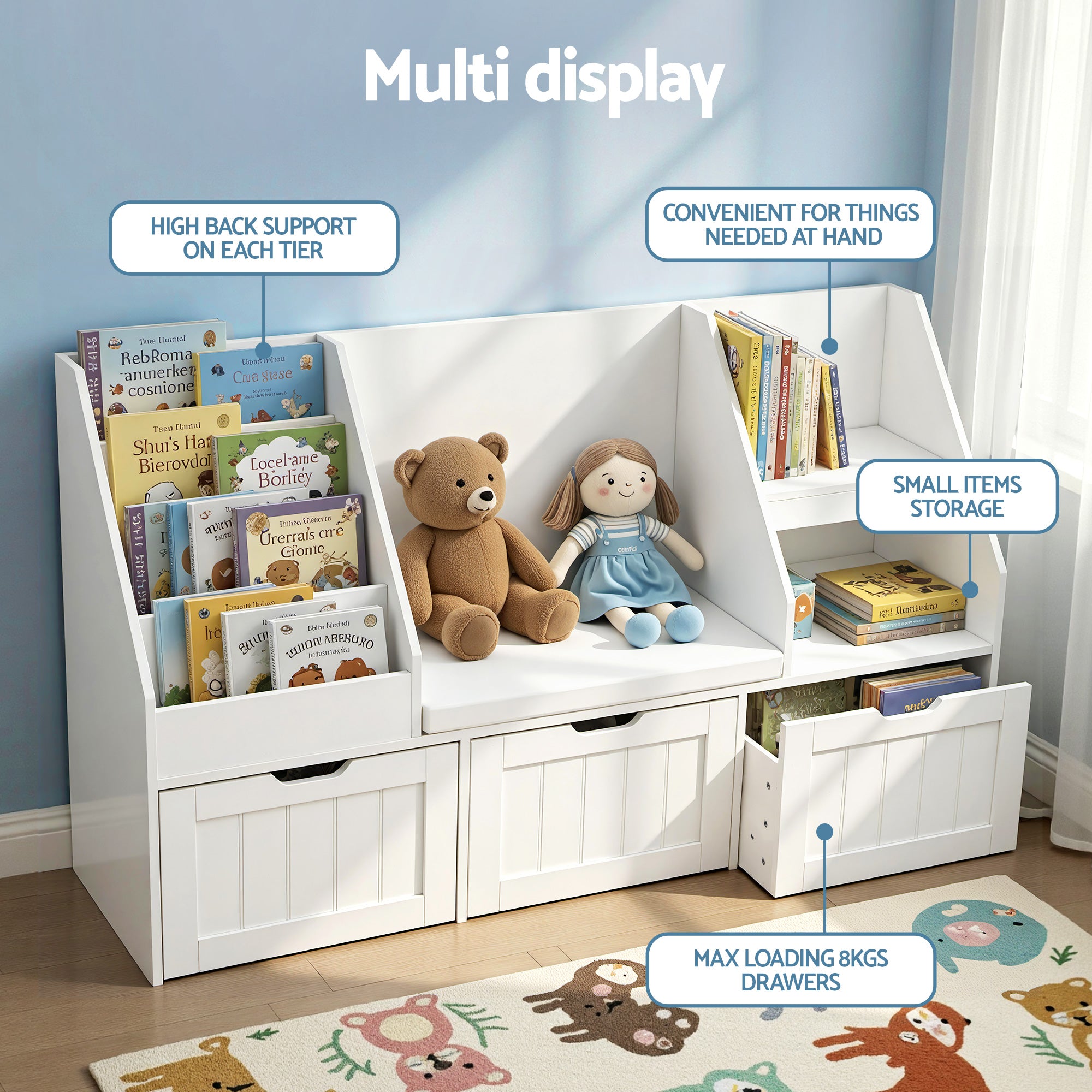 Halston Kids Storage Bookshelf with Bench – White – 140 cm
