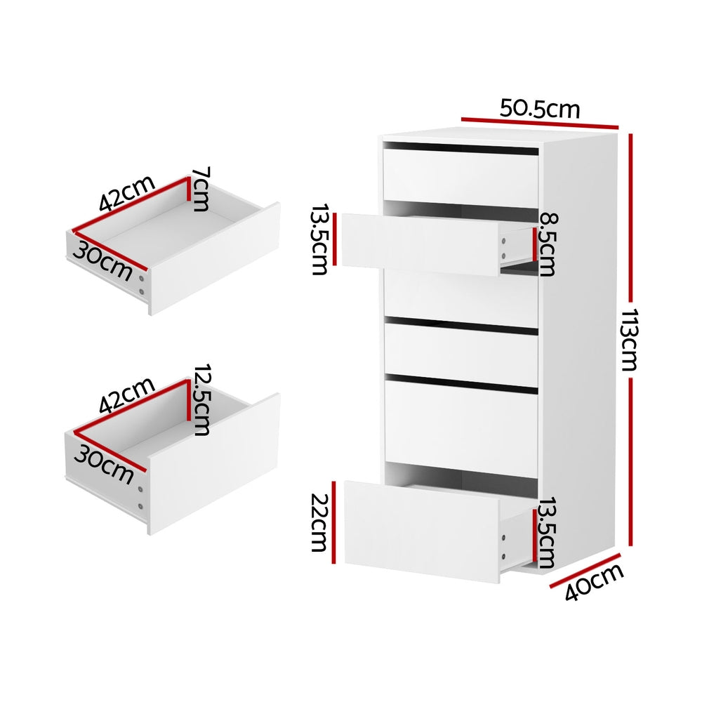 Nova 6 Drawer Tallboy – White – 113 cm