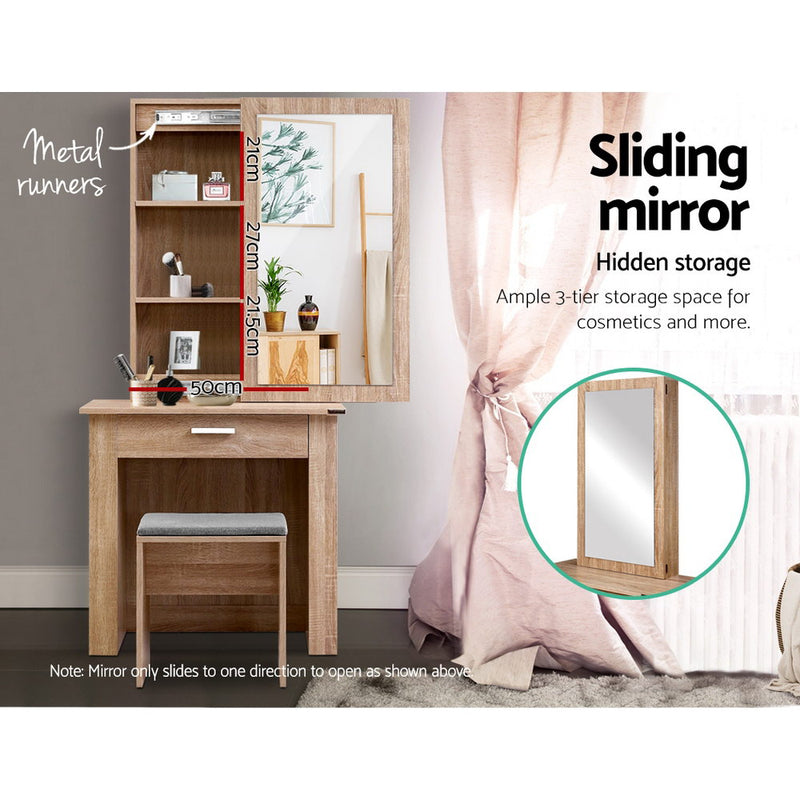 Dressing Table Stool Set with Sliding Mirror - Oak