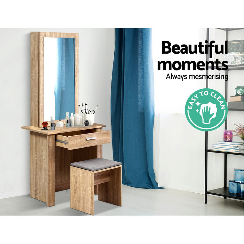 Dressing Table Stool Set with Sliding Mirror - Oak