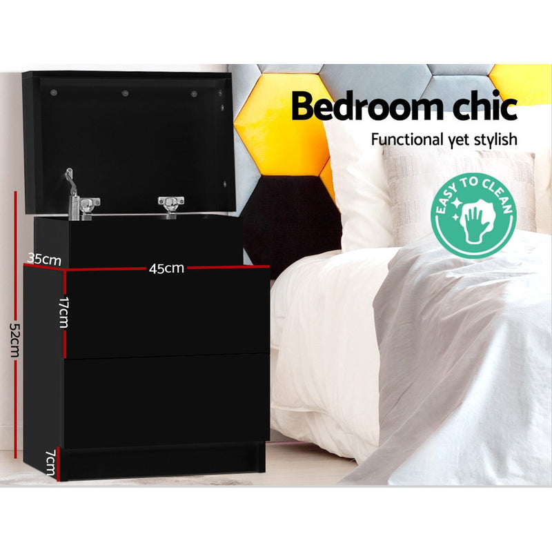 2 Drawers Lift-up Storage Bedside Table - Black