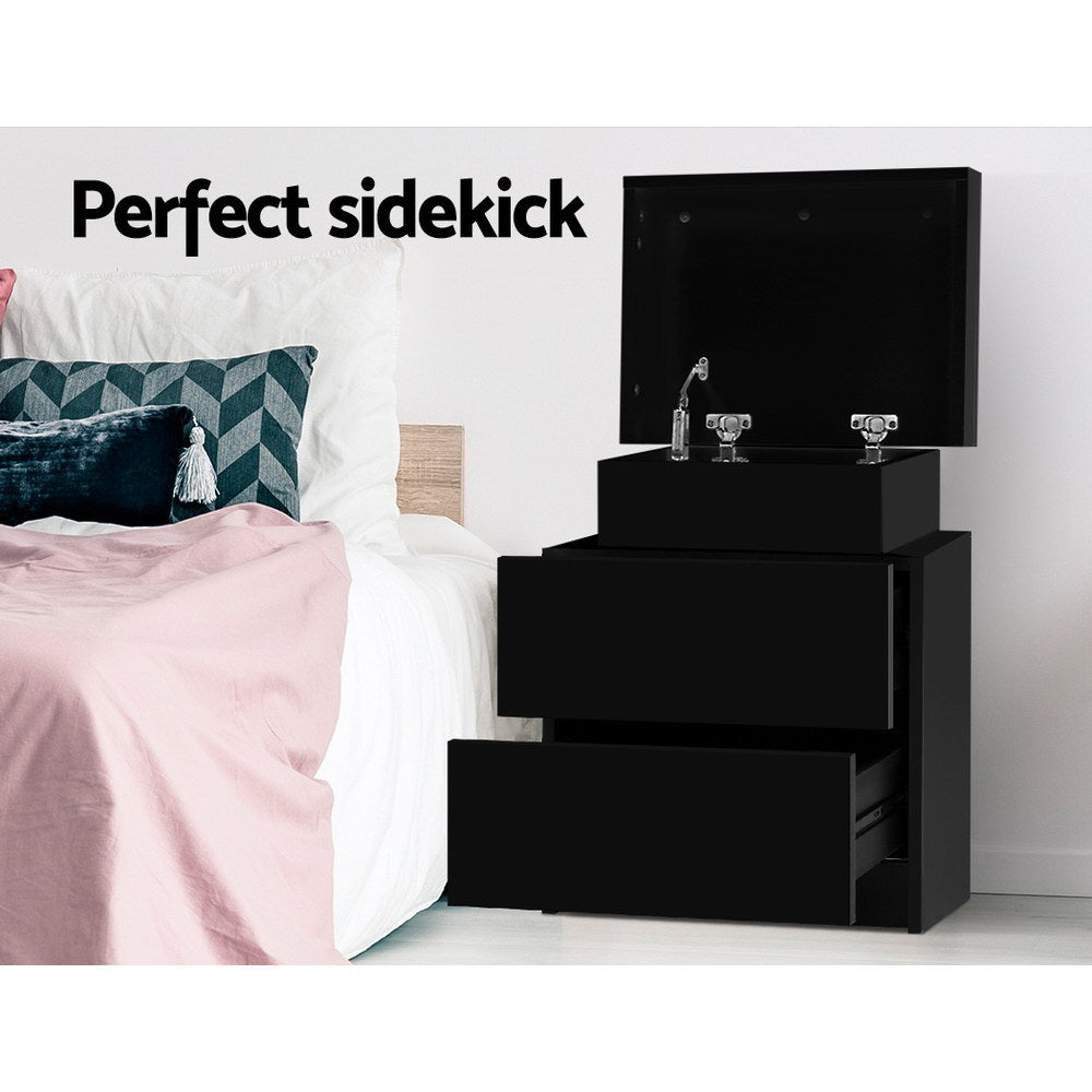 Serano Lift-Top Storage Bedside Table – Black – 45 cm
