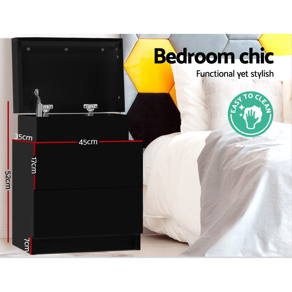 Serano Lift-Top Storage Bedside Table – Black – 45 cm