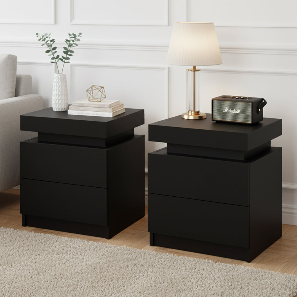 Linden 2X Bedside Table 2 Drawers Lift - up Storage Black