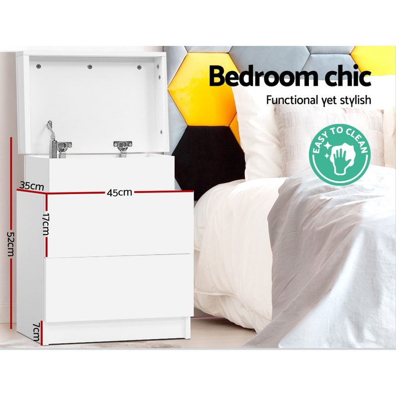 2 Drawers Lift-up Storage Bedside Table - White