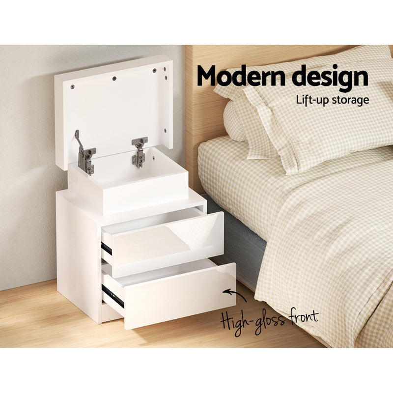 Lift-up Storage LED Bedside Table - White