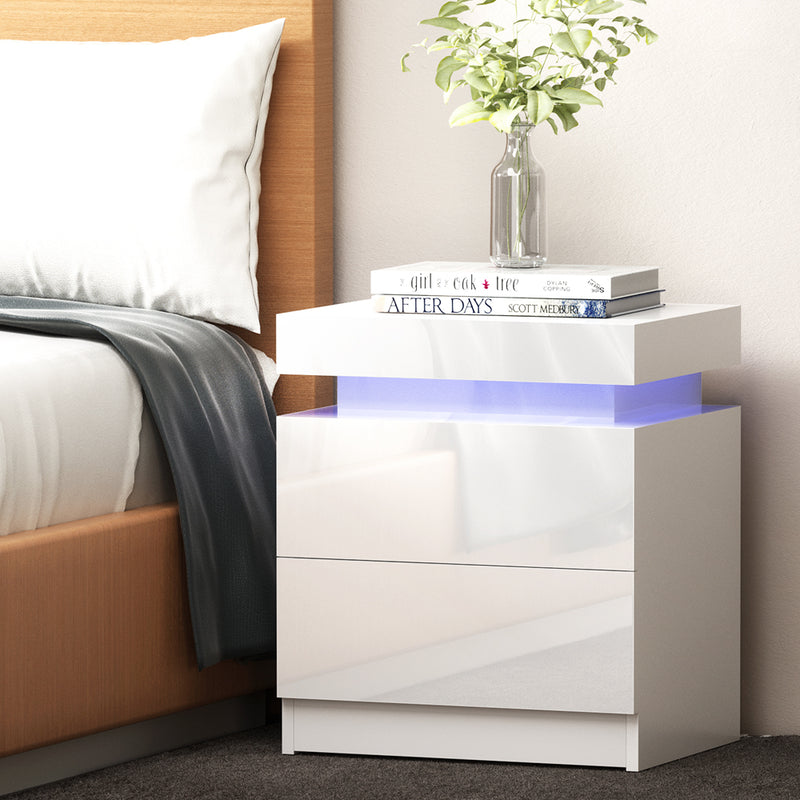 Lift-up Storage LED Bedside Table - White