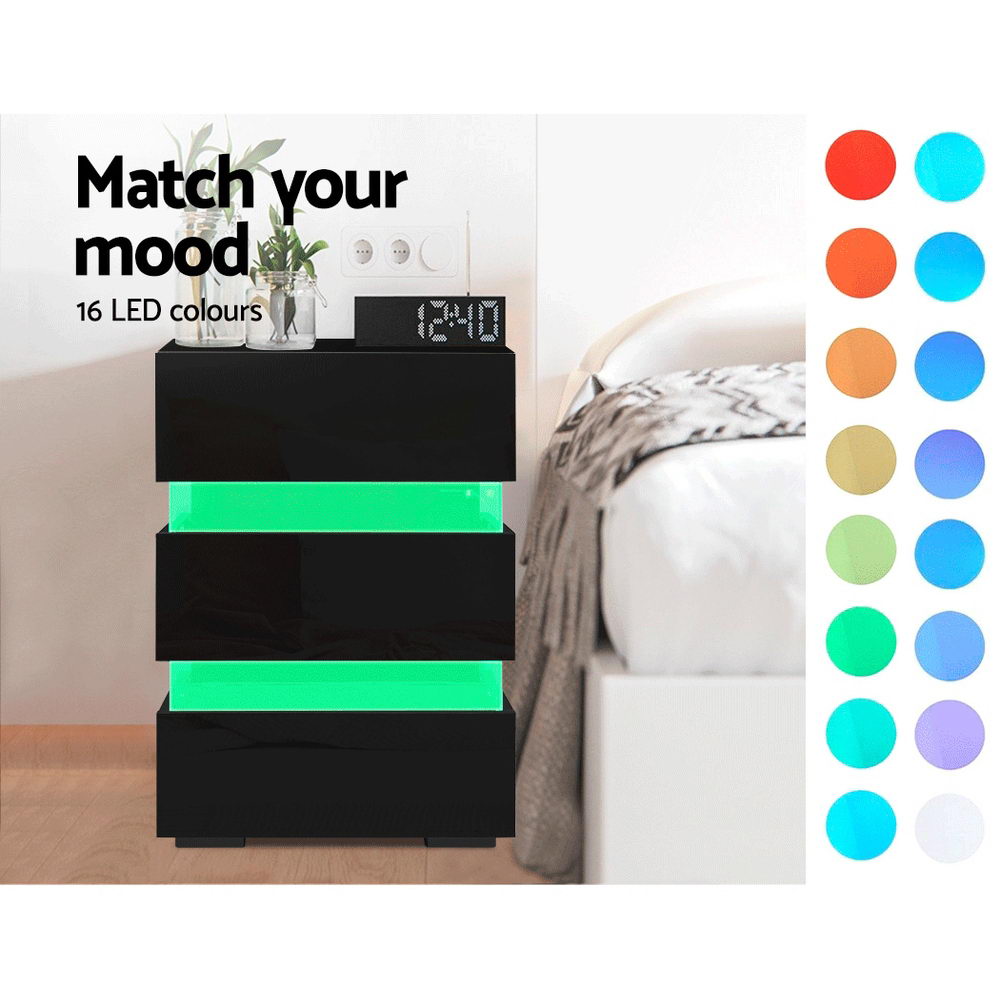 Lumi LED Bedside Table – Black – 3 Drawers