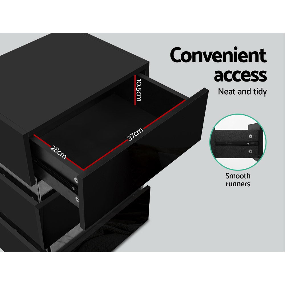 Lumi LED Bedside Table – Black – 3 Drawers