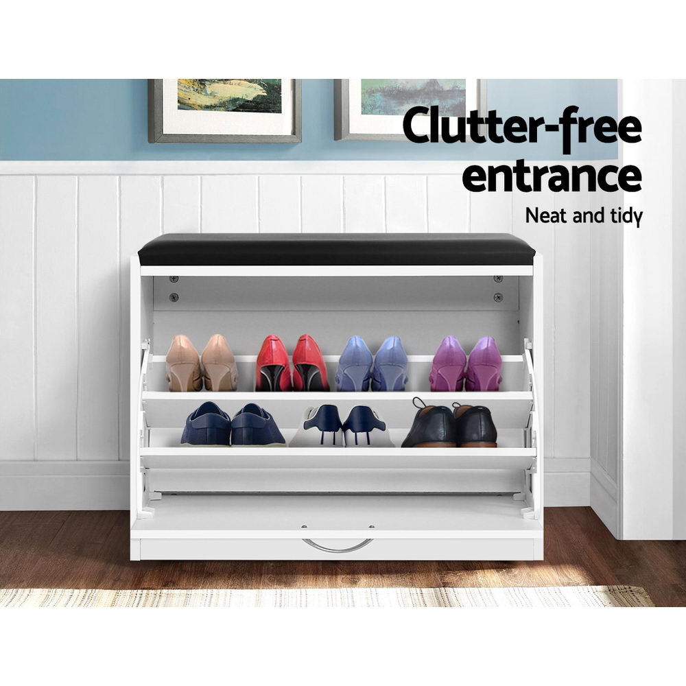 Kyla Storage Bench with Shoe Cabinet – White – 15 Pairs