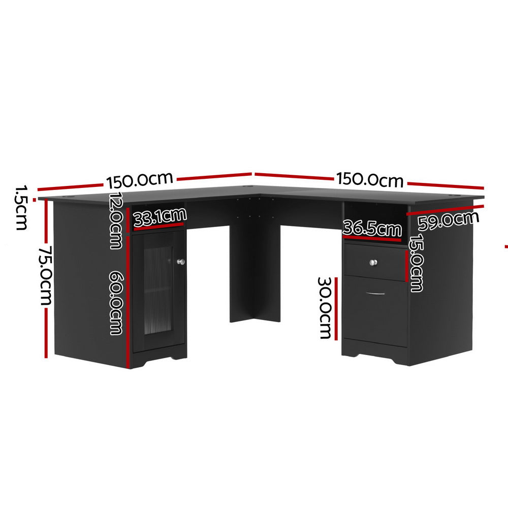 Serano L-Shaped Desk with Storage – Black – 150 cm