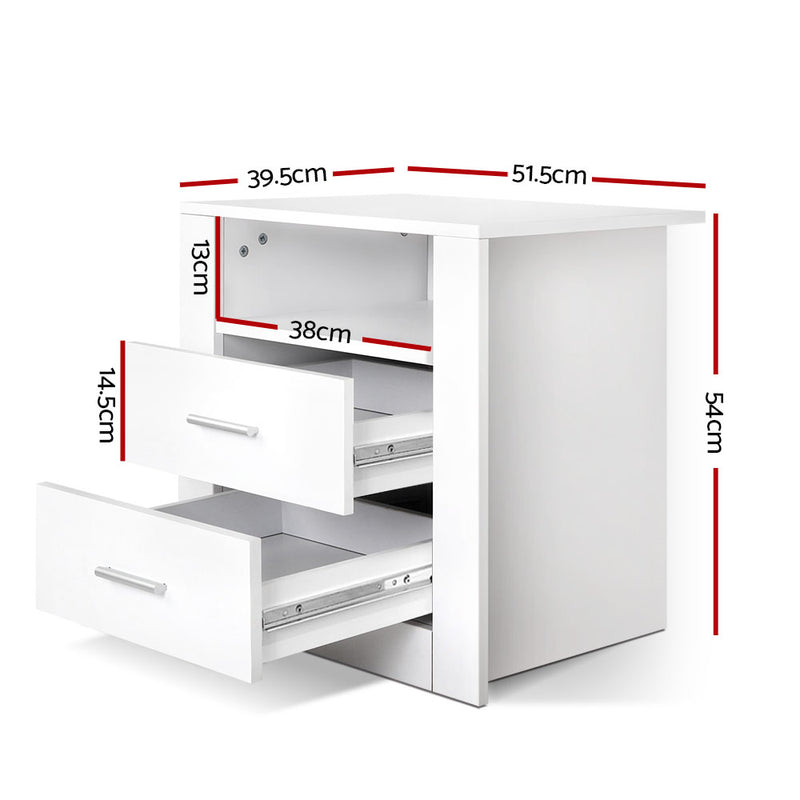 2 Drawer Bedside Table with Shelf - White