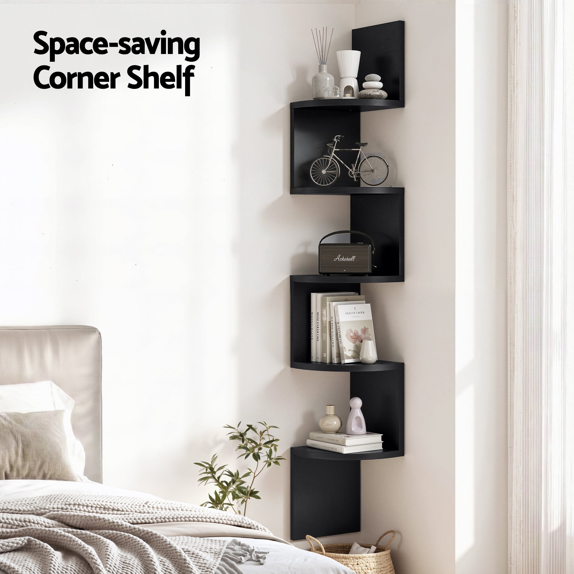 Kiara Corner Wall Shelf – Black – 5 Tier