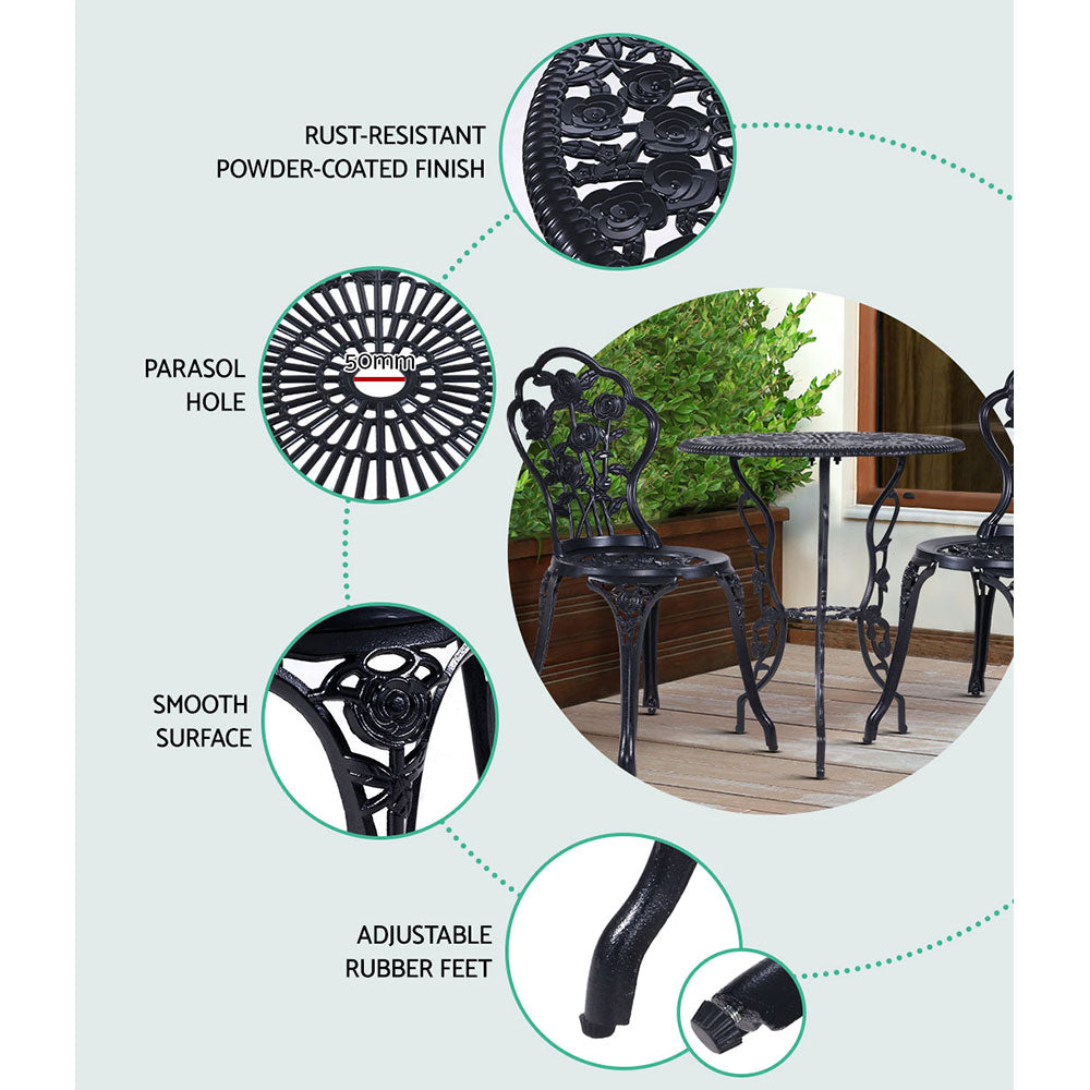 Camden 3-Piece Outdoor Bistro Set – Black – Cast Aluminium